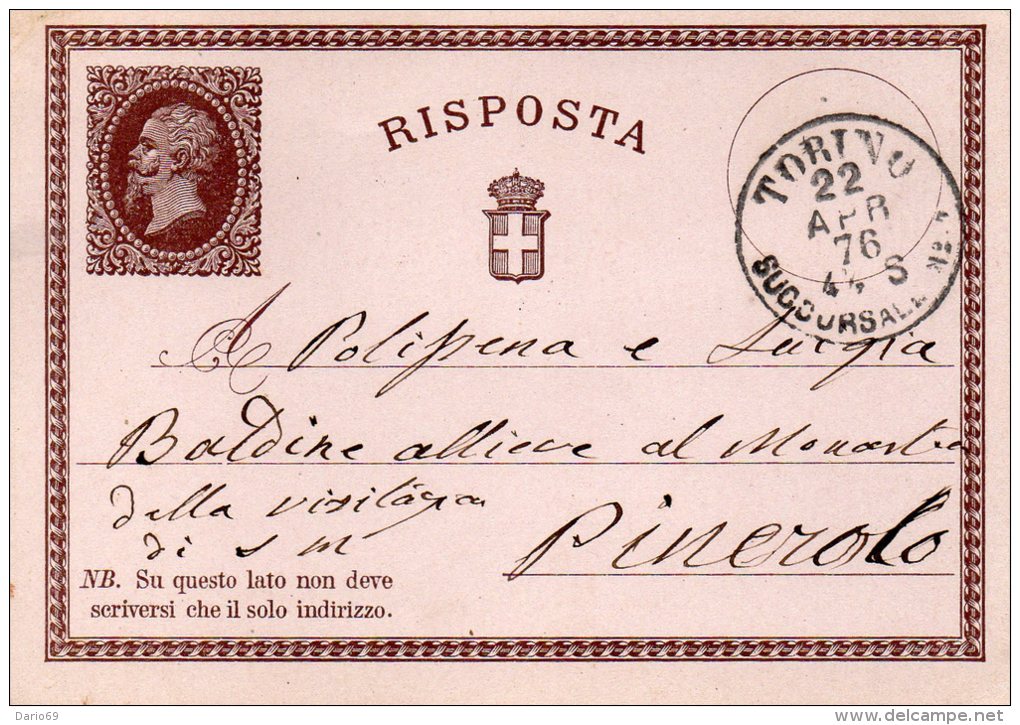 1876 CARTOLINA  CON ANNULLO TORINO - Stamped Stationery