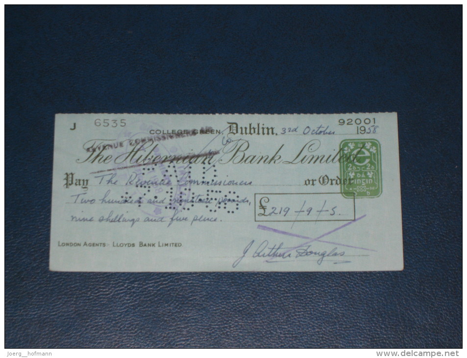 The Hibernian Bank Ltd DUBLIN Ireland 1958 Cheque 2 Pence Revenue Stamp DB Embossed Scheck - Ireland