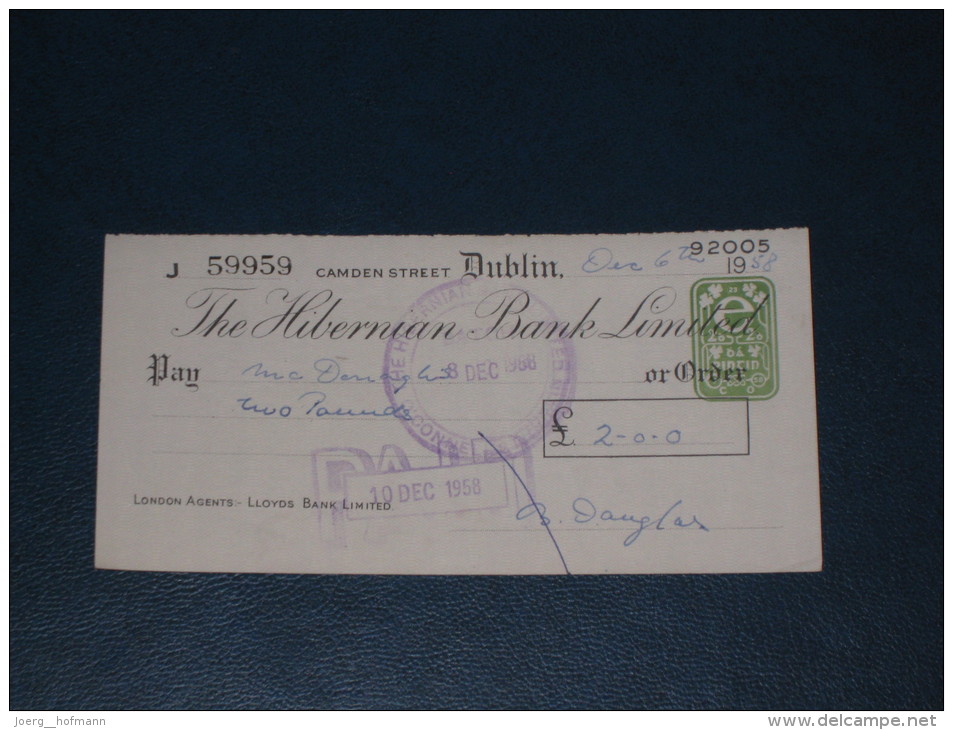 The Hibernian Bank Ltd DUBLIN Ireland 1958 Cheque 2 Pence Revenue Stamp CO Embossed Scheck - Ireland