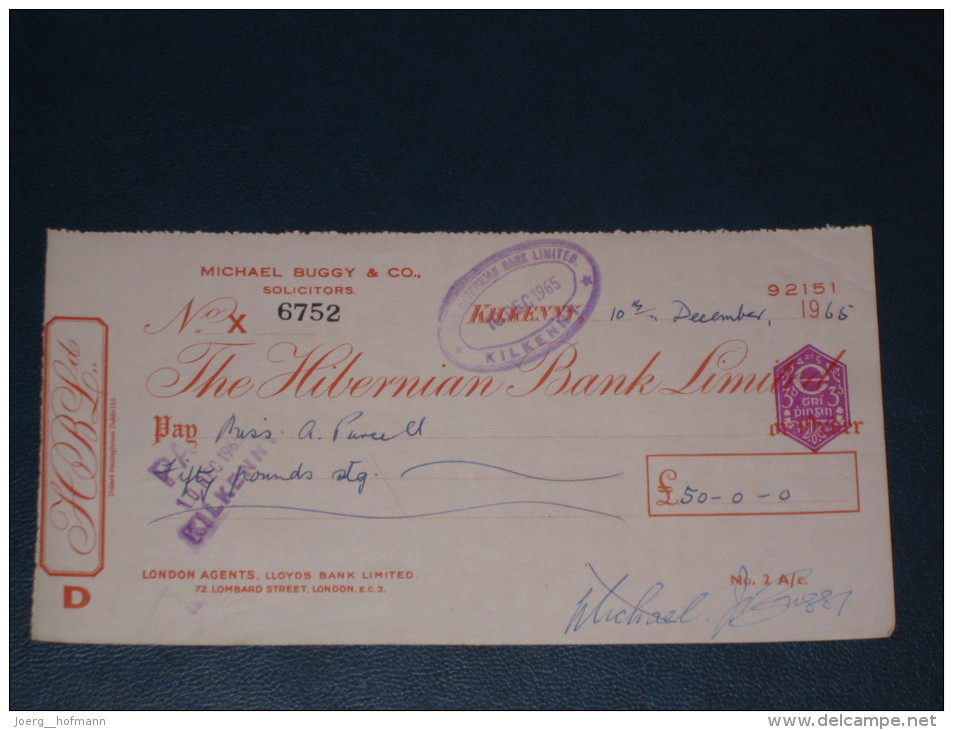 The Hibernian Bank Limited Kilkenny Ireland 1965 Cheque Revenue Stamp AG Embossed Scheck - Ireland