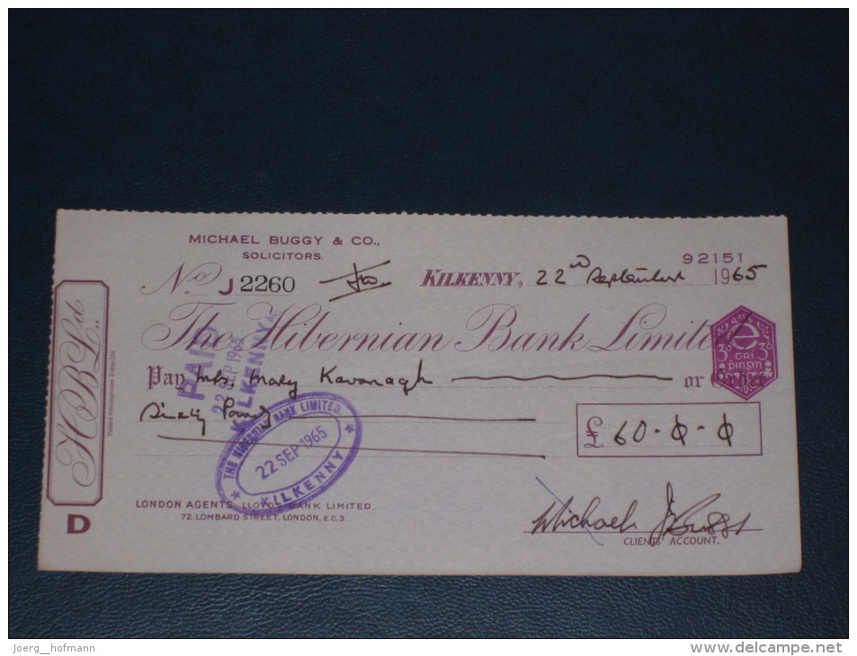 The Hibernian Bank Limited Kilkenny Ireland 1965 Cheque Revenue Stamp 3.P AG Embossed Scheck - Ireland