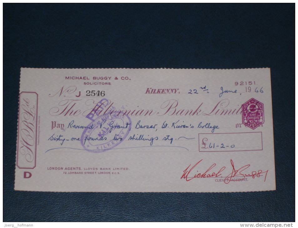 The Hibernian Bank Limited Kilkenny Ireland 1966 Cheque Revenue Stamp 3.P AE Embossed Scheck - Ireland