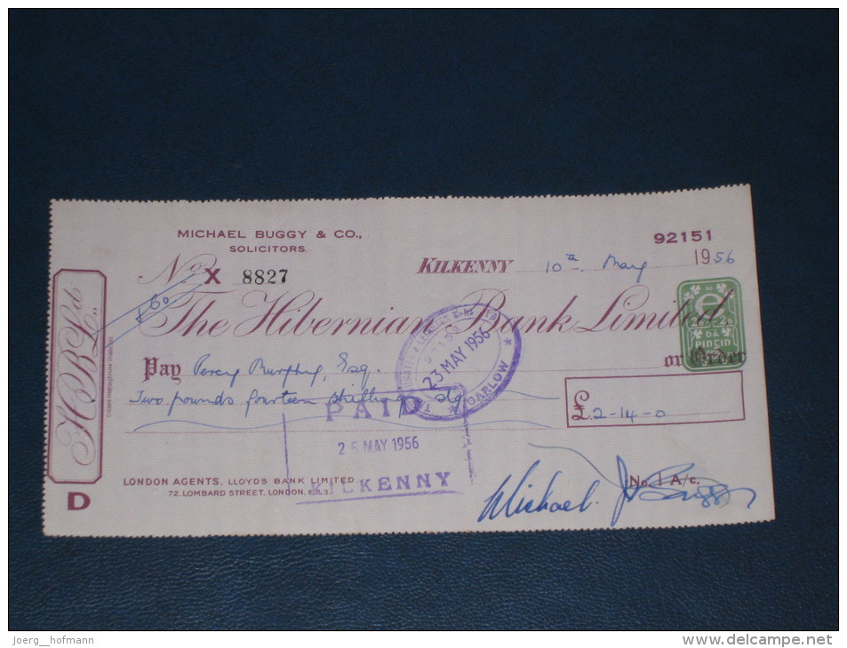 The Hibernian Bank Limited Kilkenny Ireland 1956 Cheque 2 Pence DB Revenue Stamp Embossed Scheck - Ireland