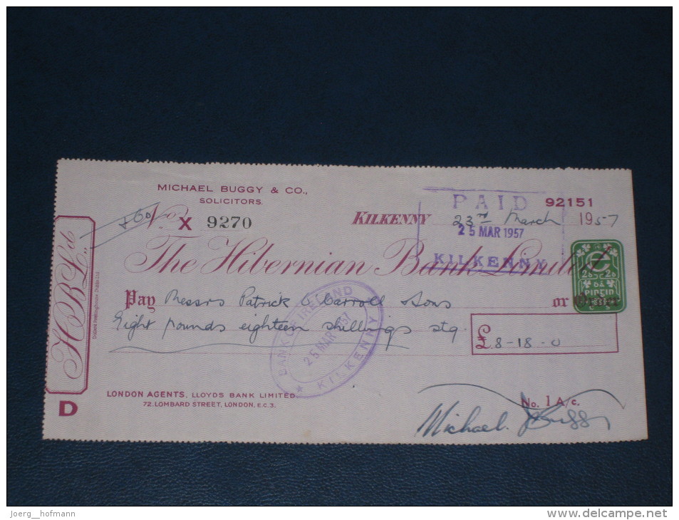 The Hibernian Bank Limited Kilkenny Ireland 1957 Cheque 2 Pence CS Revenue Stamp Embossed Scheck - Ireland