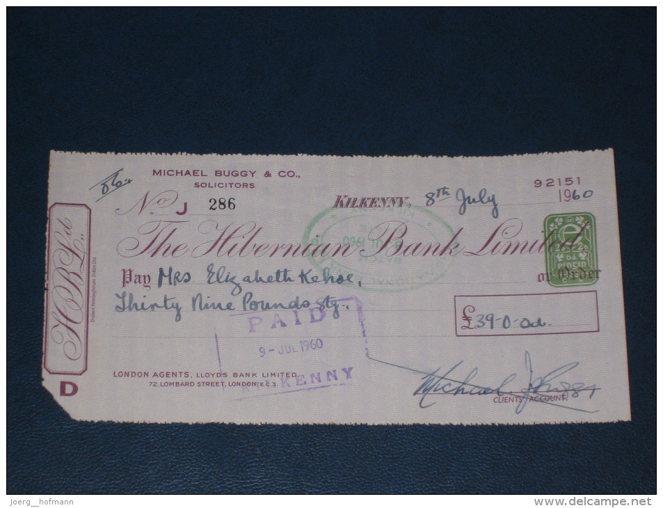 The Hibernian Bank Limited Kilkenny Ireland 1960 Cheque 2 Pence CN Revenue Stamp Embossed Scheck - Ireland