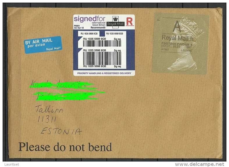 ENGLAND Great Britain Registered Air Mail Cover To Estland Estonia 2013 - Storia Postale