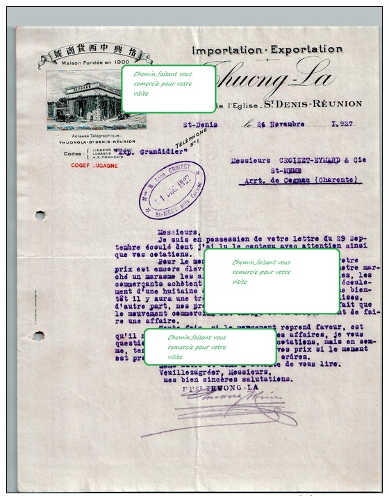 Beau Document Du  26/11/1927 THUONG-LA - Import Export - St-Denis La Réunion- PORT GRATUIT - 1900 – 1949