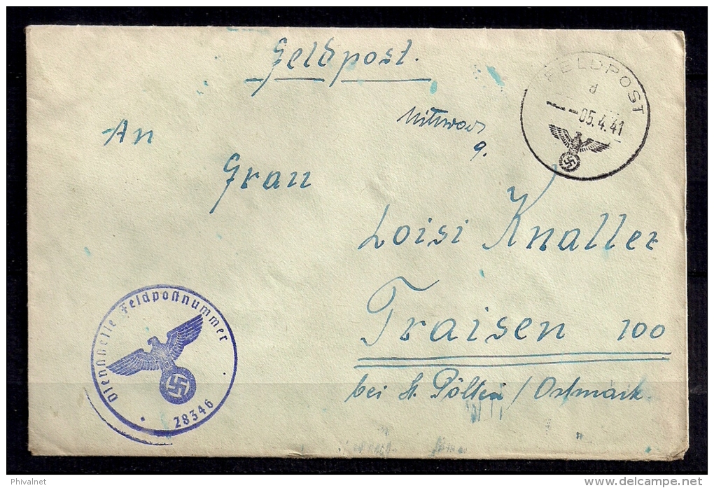 WWII ALEMANIA 1941, CORREO DE CAMPAÑA, FELDPOST Nº 28346, A TRAISEN (AUSTRIA), CORREO DE CAMPAÑA - Briefe U. Dokumente