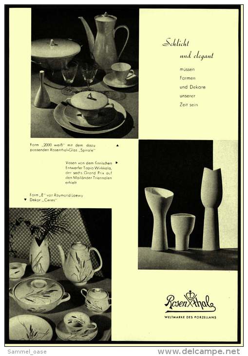 Reklame Werbeanzeige  ,  Rosenthal  Weltmarke Des Porzellans  -  Schlicht Und Elegant  -  Von 1956 - Rosenthal (DEU)