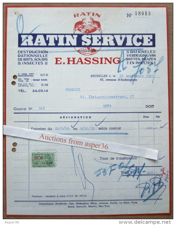 Extermination Rats & Souris "Ratin Service"E. Hassing Avenue D'Auderghem, Bruxelles 1955 - 1950 - ...