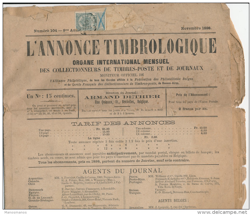 825/21 - Journal L´ Annonce Timbrologique BRUXELLES Novembre 1898 - TP 1 C Expédiée En IMPRIME - French (until 1940)