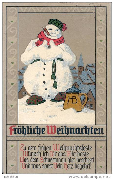 Snow Man Weihnachten Schneemann Color Litho Prägedruck 24.12.1913 München HB Bembel Zigarre Schotten Mütze TOP-Erhaltu - Altri & Non Classificati