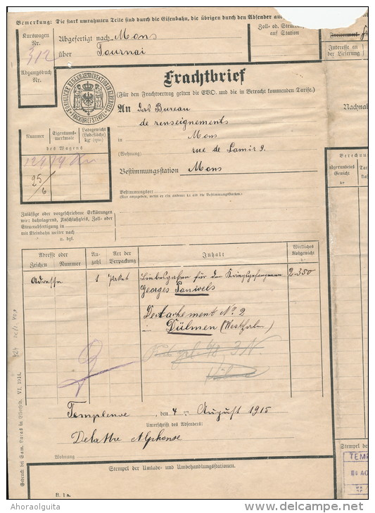 Lettre De Voiture Allemande 14/18 - Cachet De Gare Belge TEMPLEUVE Et Allemand MONS  -- 21/905 - Autres & Non Classés