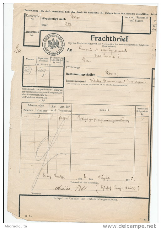 Lettre De Voiture Allemande 14/18 - Cachet De Gare Belge BARRY MAULDE Et Allemand MONS  -- 21/906 - Altri & Non Classificati