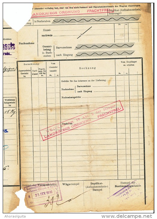 Lettre De Voiture Allemande 14/18 - Cachet CROIX ROUGE Et Cachet De Gare Allemand BRUSSEL Thurn § Taxis  -- 21/906 A - Prisoners