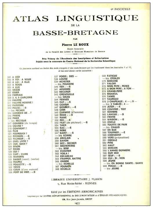 Atlas Linguistique De La Basse Bretagne  Pierre Le Roux 1977 6e Fascicule Breton - Bretagne