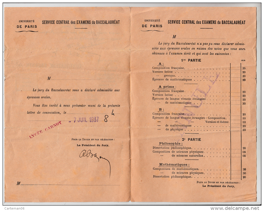 Convocation Du Service Central Des Examens Du Baccalauréat - Université De Paris - 1937 - Diplome Und Schulzeugnisse