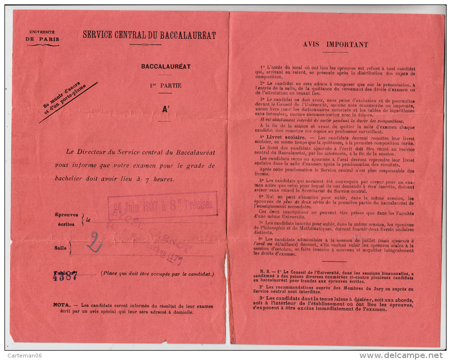 Convocation Du Service Central Des Examens Du Baccalauréat - Université De Paris - 1937 - Diploma's En Schoolrapporten