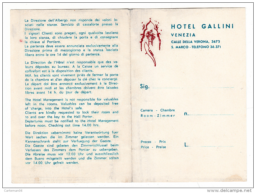 Carte De L'Hotel Gallini à Venezia - Italie