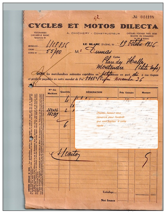 Document Du 19/10/1936 Cycles & Motos DILECTA - Le Blanc - Indre - 1900 – 1949