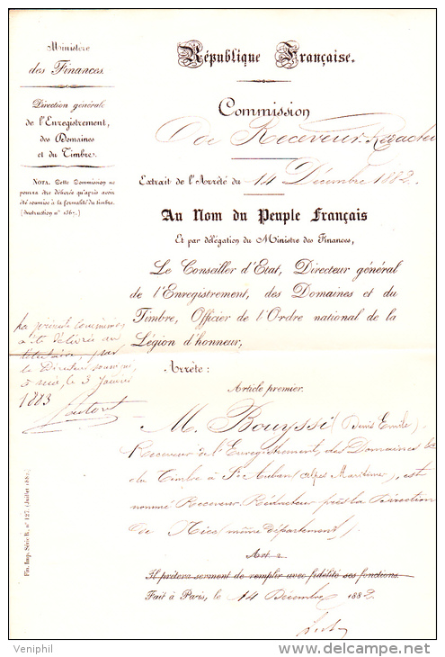 DECISION NOMINATION -ST AUBAN -ALPES MARITIMES- MINISTERE DES FINANCES -  1882 - Timbri Generalità