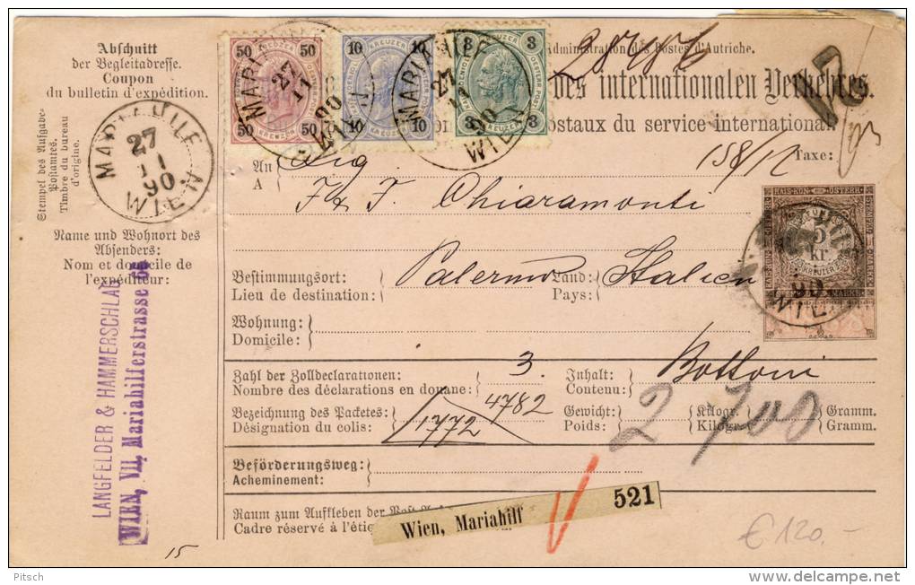 Österreich - Paketkarte 1890 Nach Palermo 3+10+50 Kreuzer Ausgabe 1890 - 28486 - Briefe U. Dokumente