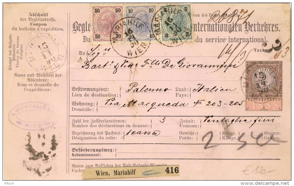 Österreich - Paketkarte 1890 Nach Palermo 3+10+50 Kreuzer Ausgabe 1890 - 26871 - Briefe U. Dokumente