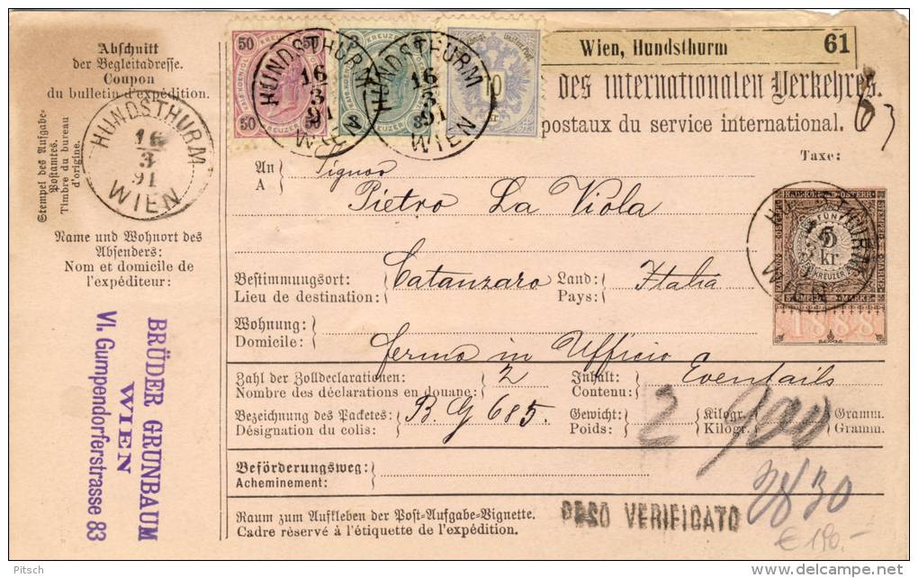 Österreich - Paketkarte 1890 Nach Palermo Mischfrankatur 3+50 Kreuzer 1890+ 10 Kreuzer 1883 - Briefe U. Dokumente