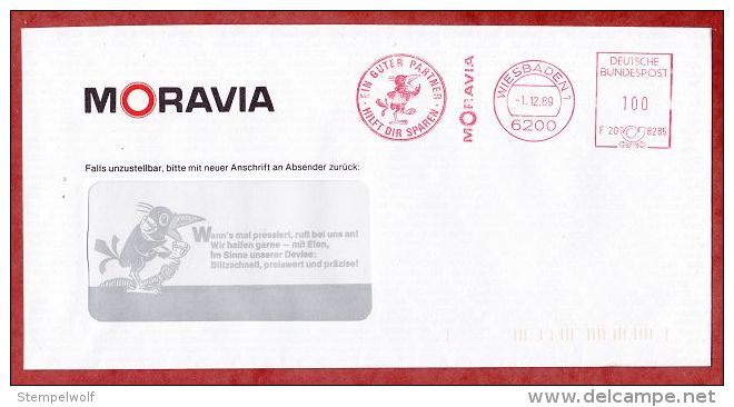 Brief, Francotyp-Postalia F20-8285, Rabe, Ein Guter Partner .. Moravia, 100 Pfg, Wiesbaden 1989 (43703) - Lettres & Documents