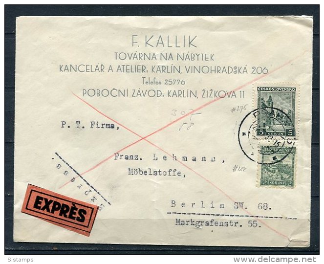 Chechoslovakia 1932 Express  Cover Karlin Berlin - Covers & Documents
