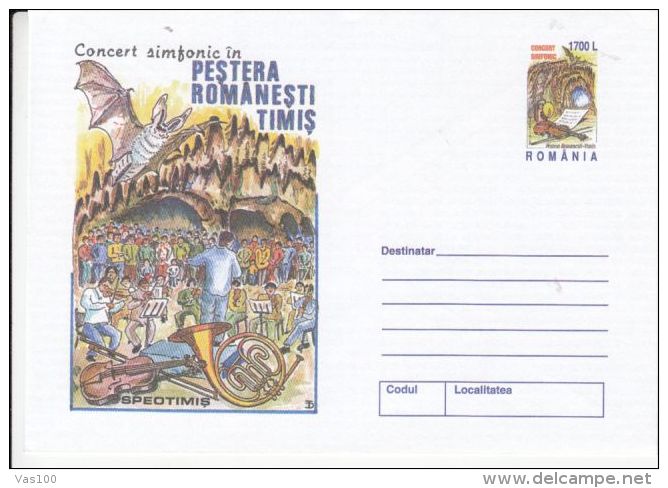 BATS, CONCERT IN CAVE, MUSIC INSTRUMENTS, COVER STATIONERY, ENTIER POSTAL, 2000, ROMANIA - Chauve-souris