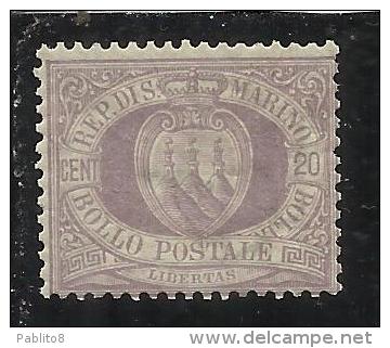 SAN MARINO 1894 - 1899 CIFRA O STEMMA CENTESIMI 20 LILLA MNH DISCRETA CENTRATURA - Unused Stamps