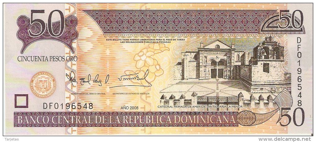 BILLETE DE LA REP. DOMINICANA DE 50 PESOS ORO DEL AÑO 2008 (BANKNOTE) SIN CIRCULAR-UNCIRCULATED - República Dominicana