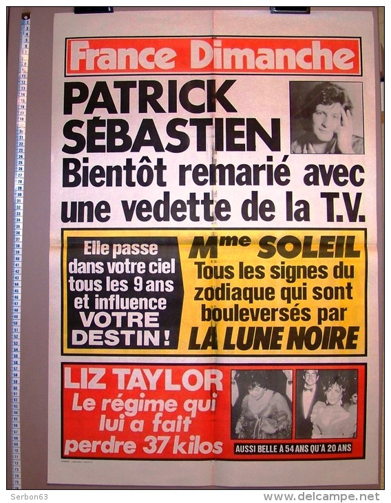 PUBLICITE 1987 ? AFFICHE DE PRESSE FRANCE DIMANCHE 50X73cm VEDETTE T.V. PATRICK SEBASTIEN LIZ TAYLOR Mme SOLEIL - Affiches