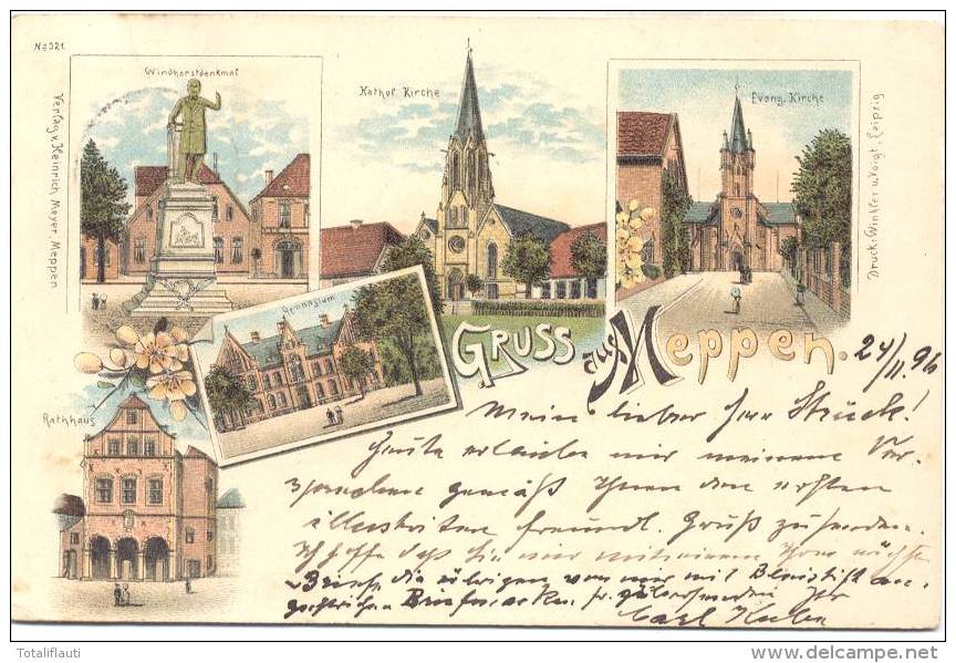 Meppen Color Litho Gymnasium Windhorst Denkmal Kath Kirche Ev Kirche Rathhaus Vorläufer 25.1.1896 - Meppen