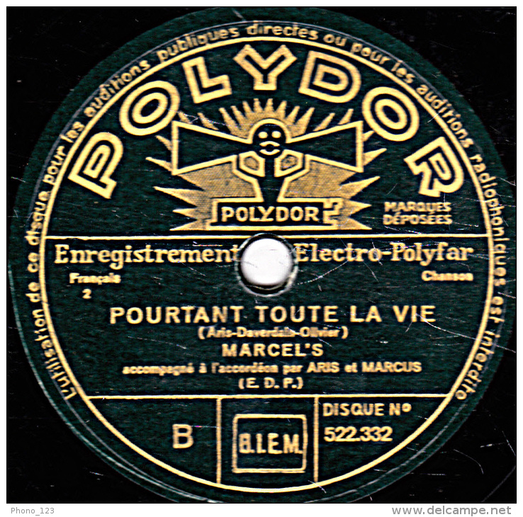 78 Trs - POLYDOR 522.332 - Etat EX -  MARCEL´S - MAMAN - POURTANT TOUTE LA VIE - 78 Rpm - Gramophone Records