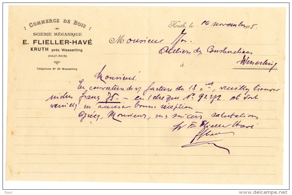 Demi Feuille A4 à Entête Commerce De Bois  Scierie Mécanique E.Flieller-Havé Kruth Près Wesserling  14/11/1925 - Autres & Non Classés