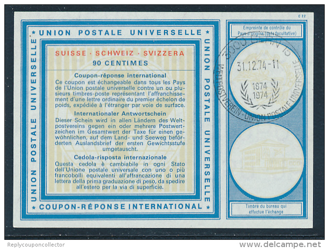 SCHWEIZ  -  Type XXI  -  90 CENTIMES  -  31.12.74  LD  100 Jahre UPU  - Reply Coupon Reponse , Antwortschein , IRC , IAS - Entiers Postaux