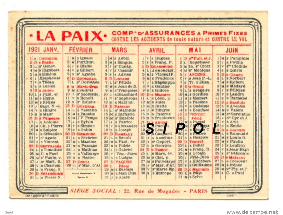 Calendrier Catonné 1921 Comp. D Assurances à Primes Fixes La Paix 9.5 X 7 Cm  TBe - Tamaño Pequeño : 1921-40