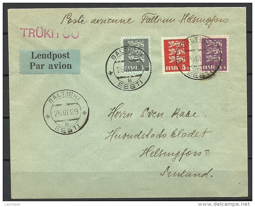 ESTLAND ESTONIA ESTONIE Air Mail Flugpost Cover To Finland Helsinki 26.03.1929 - Estland