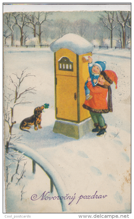 BAUMGARTEN? NEW YEAR,  CHILDREN WITH DOG, DACHSHUND, DACKEL, TECKEL,  EX Cond. PC, Used,  1928 - Baumgarten, F.