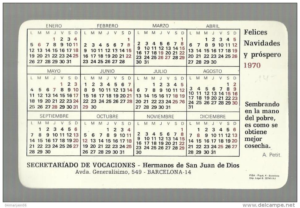 - CALENDARIO  --SECRETARIADO DEVOCACIONES-1970 - Petit Format : 1961-70