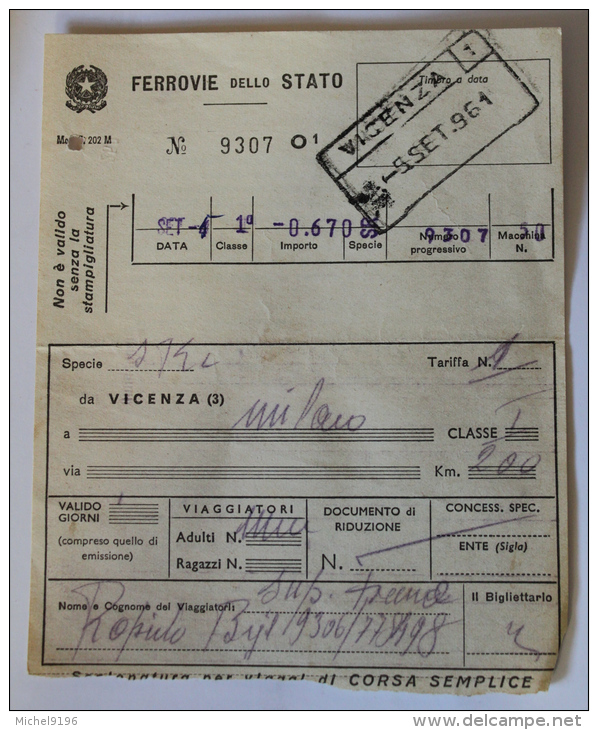 Billet Papier VICENZA-MILANO 1961Col Schnabel - Europe