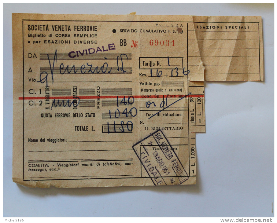 Billet Papier S.V.Fde CIVIDALE à VENEZIA 1961 Col Schnabel - Europe