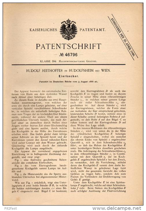 Original Patentschrift - R. Reithoffer In Rudolfsheim B. Wien , 1888 , Eierkocher , Ei , Eier , Hühner !!! - Oeufs