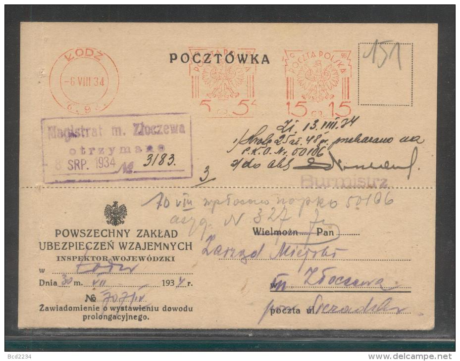 POLAND 1934 METERED POSTCARD PZU INSURANCE BUREAU LODZ TO TOWN HALL ZLOCZEW - Covers & Documents