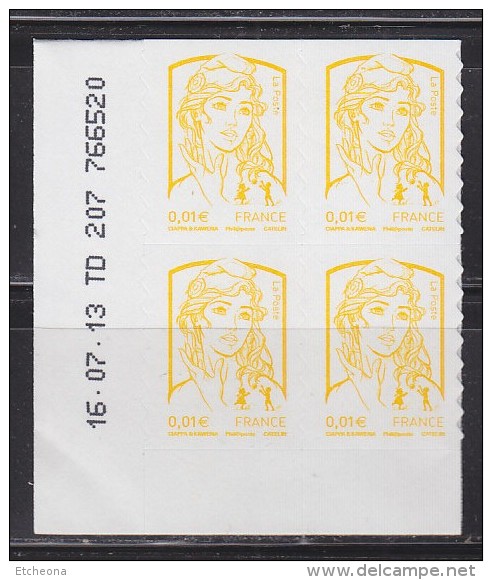 = Marianne Et La Jeunesse Autocollant X 4 En Valeur 0.01€ Coin De Feuille Bas Daté 16.07.13 TD 207 766520 N°847 - 2010-2019