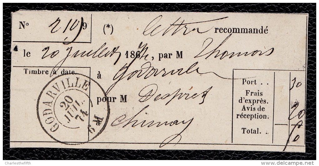 BELGIQUE 1874 BULLETIN LETTRE RECOMMANDEE DE GODARVILLE (20 Juil 74 - 6M) Vers CHIMAY - Autres & Non Classés