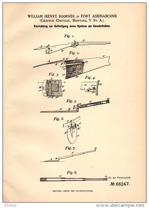 Original Patentschrift - W. Hamner In Fort Assinaboine , 1892 , Attachment For The Rifle Spade !!! - Documents