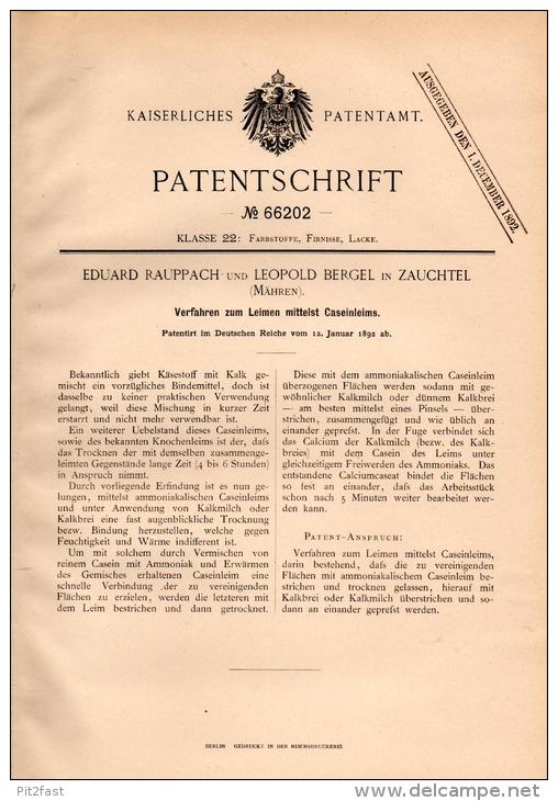 Original Patentschrift - E. Rauppach Und L. Bergel In Zauchtel / Suchdol Nad Odrou , 1892 , Leimen Mit Casein , Leim !!! - Historische Dokumente